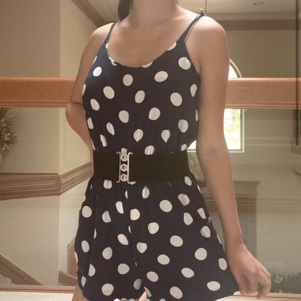 Navy blue and white polka dot satin romper retro 50s style